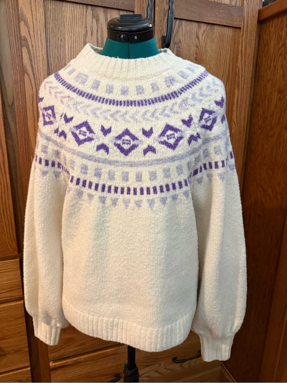 Cream Crewneck Sweater with Purple Fair Isle Yoke - Women's